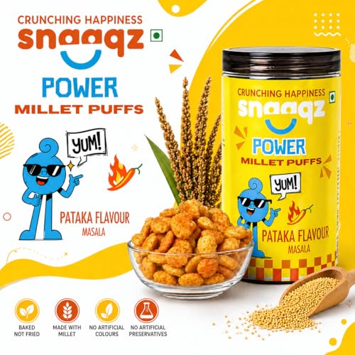 Image of Snaaqz Masala Millet Puffs | Roasted Jowar Puffs 120g | Palm Oil Free Snack | Healthy Indian Millet Snack | Crunchy & Spicy Tea Time Namkeen