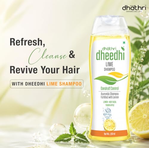 Image of Dhathri Dheedhi Lime Shampoo with Lemon, Tulsi, Amla & Thornapple | Anti-Fungal & Anti Dandruff Herbal Shampoo for Men & Women | Sulfate & Paraben Free | All Hair Types, 250ml