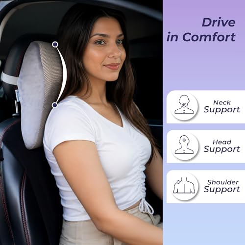 Image of Billebon Memory Foam Car Neck Pillow | Universal Headrest Cushion| Mesh Soft Fabric Hybrid| Adjustable Strap Buckle| Removable Cover| Orthopaedic Neck Support| Driving Comfort Pain Relief (Pack of 1)