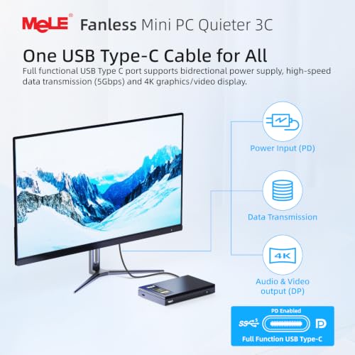 Image of MeLE Quieter 3C Fanless Mini PC N5100 (1.1-2.8GHz) 8GB RAM 128GB eMMC | Support 2 HDMI + USB-C Triple Display, WiFi 5 BT5.1 GbE, Quiet, No Dust, Support Win11 /10 & Linux, Unlocked BIOS, Low Power