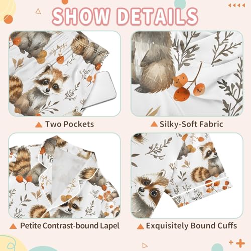 senya Raccoon Autumn Leaves Satin Summer Pajama Sets Silk Short Sleeve Button Down Sleepwear3