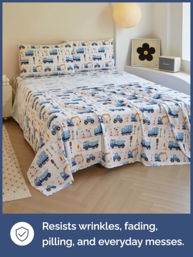 Image of Kids Full Size Truck Bed Sheets - 4 Piece Kids Truck Sheet Set - Builder Vehicle Bedding - Ultra-Soft, Cute & Cozy - Breathable & Machine Washable - Digger Bed Set for Boys, Girls, Teens & Toddlers