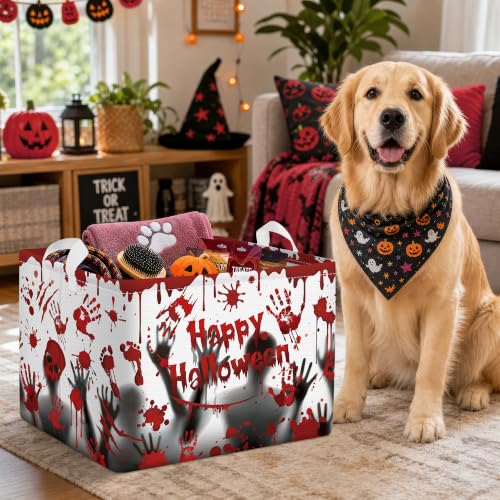 Image of Clastyle Large Spooky Halloween Baby Gift Basket Stuffers Boy Girl Pumpkin Bat Graveyard Boo Nursery Bin Kid Book Toy Box Collapsible Clothes Organizer for Bedroom, Blood Hand, 40 * 30 * 30 cm