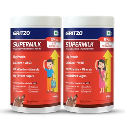 Image of Gritzo SuperMilk Growth+ (Formerly Height+) (13+y Boys & Girls), 13g Protein Powder (Double Chocolate, 2x400g) | Pack of 2