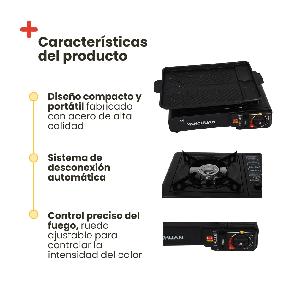 Inuitz Camping Gas Portátil Hornillo – Hornillo Camping Gas Compacto con Cartucho Butano, Ideal para Camping, Picnic y Viajes (Con Plancha)