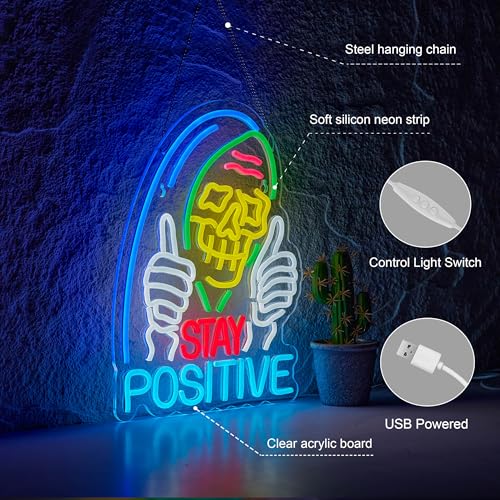 Image of Stay Positive Skull Neon Sign for Wall Decor Dimmable USB LED Neon Light for Home Living Room Bedroom Halloween Decor Gifts