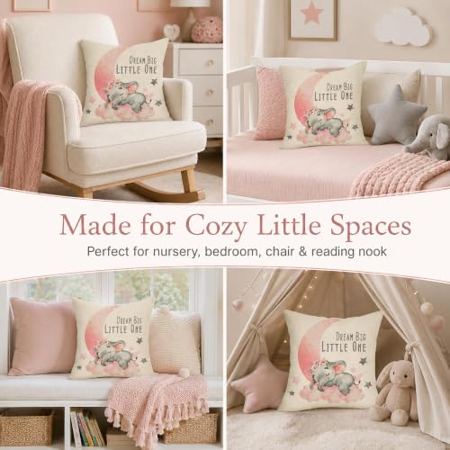 Image of Dream Big Little One Pillow Cover 16x16in Baby Elephant Nursery Decor