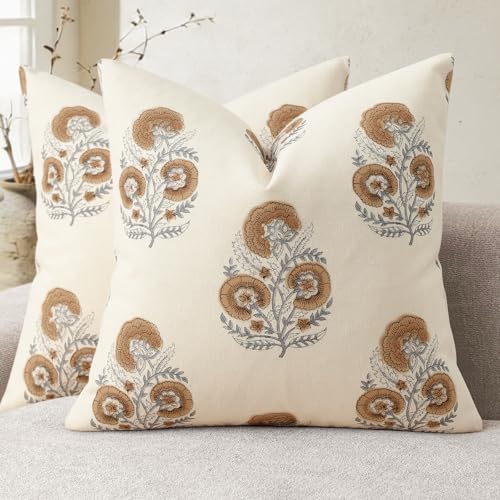 Image of YCOLL Vintage Floral Print Pillow Covers 22x22 Set of 2 Patterned Accent Decorative Cushion Covers Modern Farmhouse Throw Pillow Covers for Sofa Couch Chair Bed Living Room Home Decor, Cognac Brown