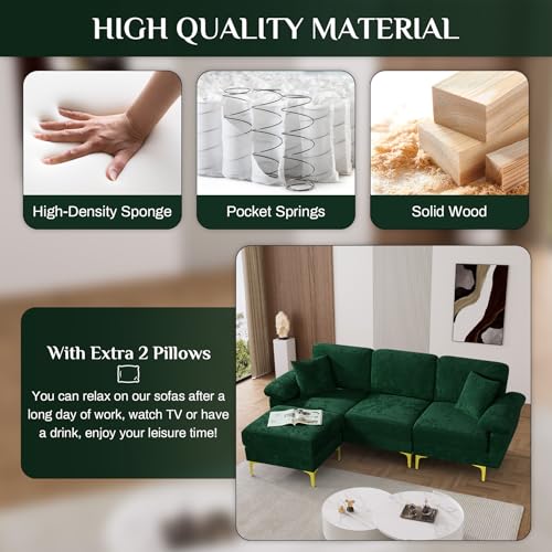 Image of OUYESSIR L Shaped Sectional Sofa Couch, 3 Seat Velvet Sofa with Ottoman and Pillows, Upholstered Comfy Couch Sleeper for Living Room, Bedroom, 91 inches (Green)