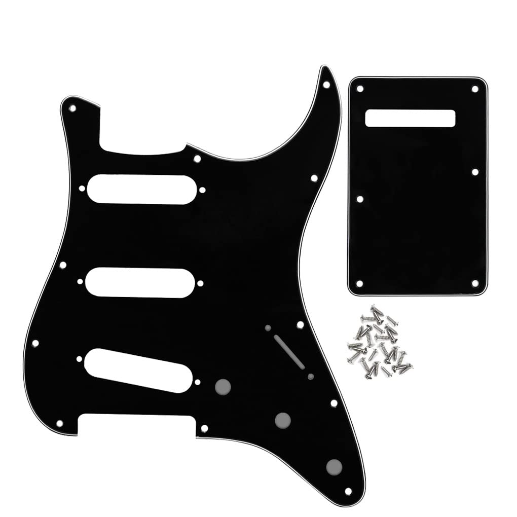 FLEOR Set of Electric Guitar SSS Style Pickguard with Back Plate Mounting Screws for USA/MEX ST Guitar Part, Black 3Ply