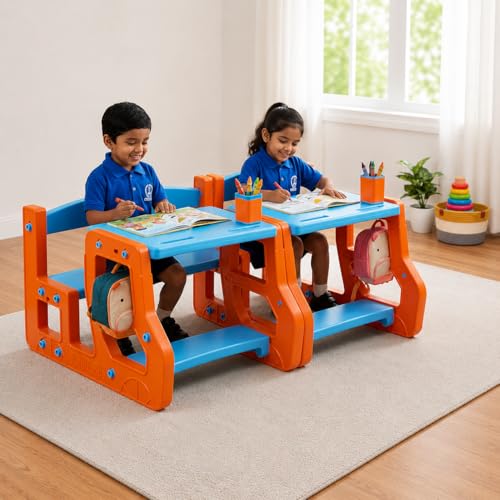 Image of eHomeKart Kids Double Seater Study Table & Bench Set of 2 | 90x75x58 cm | Set of Two School Senior with Backpack Storage | Children Activity Desk Chair for Boys & Girls | Age 3-10 Years (Two Bench)