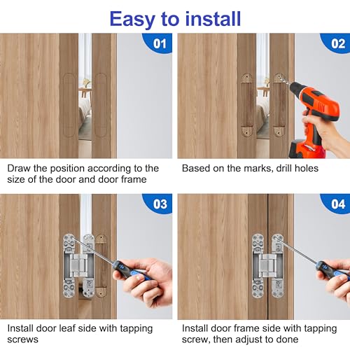 XMZ-DDUP 2Kits 7 inch Stainless Steel Hidden Door Hinges -Invisible Hinges for Doors, 180 Degree Swing Concealed Door Hinges, 3 Way Adjustable for Heavy Duty (‎Silver) by XMZ-DDUP - Image 7