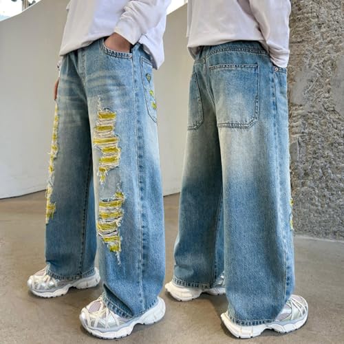 Boys Ripped Baggy Denim Pants Wide Leg Straight Streetwear Jeans Y2K Elastic Waist Casual Loose Long Trousers Jeans3