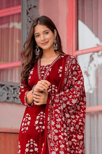Image of PARTHVI Women's Pure Cotton Printed Straight Kurta Set with Palazzo Pants & Dupatta- Ethnic Wear, Green