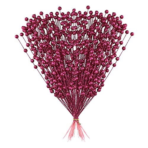 ASSR 100Pack Christmas Glitter Berries Stems,15.7in Fake Christmas Picks Glitter Sticks,Artificial Fruit Berry Picks for Xmas Tree Ornament -Rose red