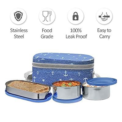 Milton corporate lunch box stainless steel tiffin (2 round container 280 ml each and 1 pc oval container 500 ml) with bag, leak proof & airtight containers with spoons, blue - msdeals