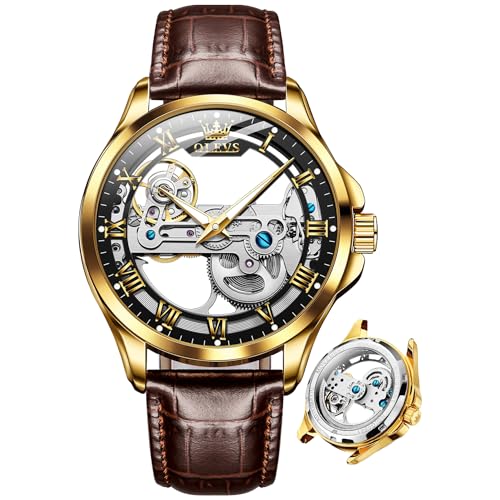 Image of OLEVS Skeleton Watches for Men Automatic Self Winding Mechanical Luxury Dress Leather Waterproof Luminous Men Wrist Watch