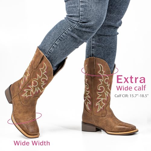 SheSole Women's Extra Wide Calf Cowboy Boots Square Toe – Pull-On Western Boots for Thick Calves, Stretch Comfort & Removable Insole, Classic Western Pattern2