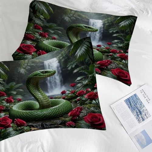 Image of Tropical Snake Comforter Set Full Size Red Roses Jungle Waterfall Wildlife Bedding Sets for Girls Boys Kids Adults Bedroom Decor Snake Lover Quilt 1 Comforter 2 Pillowcases