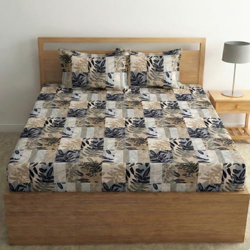 Image of Fashion String Microfibre 144TC Graphic Leaf Collage Fitted Double (72 X 78) Bedsheet with 2 Pillow Covers