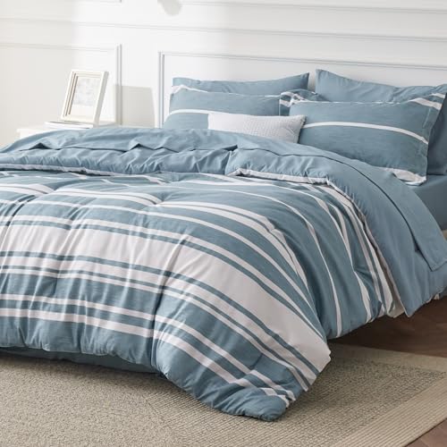 Image of Bedsure Twin Comforter Set 5 Pieces, Grey Blue Striped Bedding Set for All Seasons, Reversible, Cationic Dyeing Bed in a Bag with Comforter, Sheets, Pillowcase & Sham
