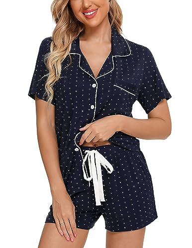 Image of Gepansis Womens Pajama Sets Soft Button Down Sleepwear Short Sleeve Pjs Set Lounge Set S-XXL
