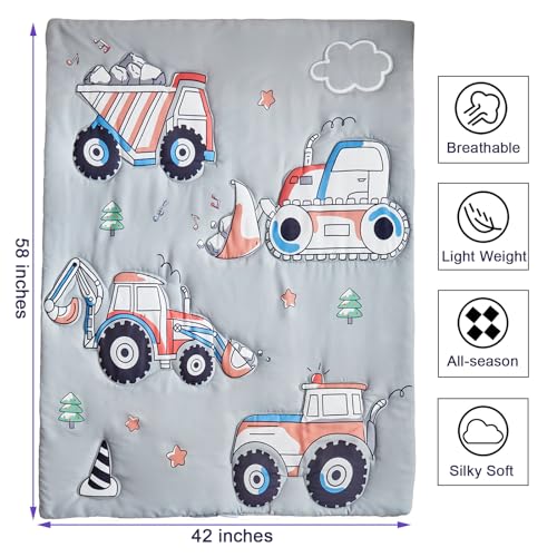 Image of Construction Toddler Bedding Set for Boys,4 Pieces Gray Toddler Comforter Set,Truck Vehicles Excavator Cars Printed,Soft Crib Bed Sheets Set Includes Comforter,Flat Sheet,Fitted Sheet and Pillowcase