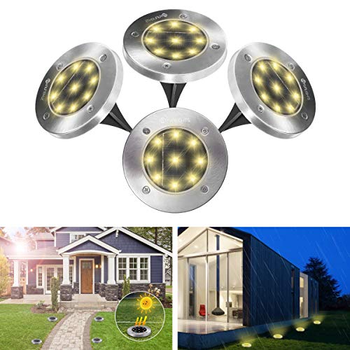 Preisvergleich Produktbild Solarleuchte Garten YUNLIGHTS Aktualisierte Version 4PCS 9LED Bodenleuchte Edelstahl Außenleuchte Wasserdicht Bodenstrahler Licht für Rasen, Weg Hof, Fahrstraßen, Innenhof, Gehweg, Warmweiß, IP65