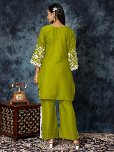 Image of EthnicJunction Women's Cotton Blend Chikankari Embroidered A-Line Kurta Palazzo Set Ethnic Wear Office Wear Daily Wear Festive Kurta Set for Women