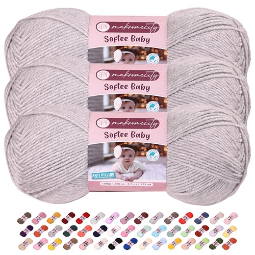 Image of 3 Skeins of Makromecity Softee Baby Yarn,%100 Premium Anti-Pilling Acrylic, 3.5 Oz, 273 yd (100gr /250 mt) Each, Soft Yarn for Crocheting and Knitting (Stone, 3 Skeins)