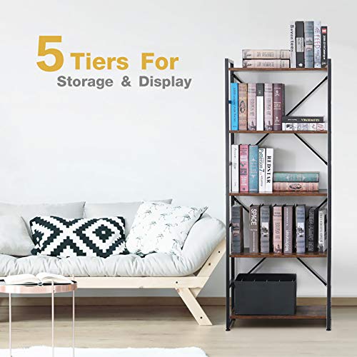 Haton Bookshelf, 5-Tier Wood Bookcase with Metal Frames, 5-Shelf Industrial Storage Shelf Organizer, Modern Tall Display Shelf Racks Open Wide Standing Shelving Unit for Home Office Study 62-inch - Thumbnail 3