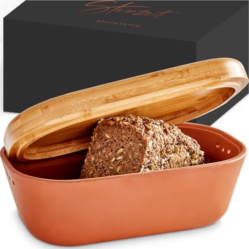 Steinzeit Bread Box de cerámica con tapa de bambú