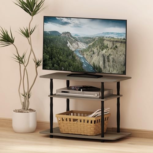 Image of Furinno Turn-N-Tube No Tools 3-Tier Entertainment Center TV Stand for TV up to 32 Inch, Plastic Classic Tubes, French Oak Grey /Black