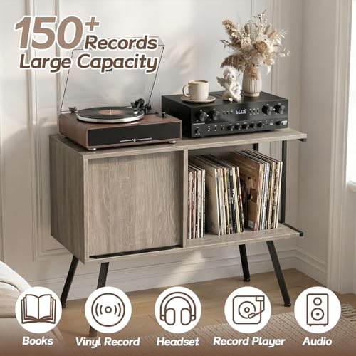 Image of Faesun Flip Top Record Player Stand, Large Turntable Stand Holds up to 150+ Albums, Vintage Mid Century Record Player Table, Stereo Cabinet with Open Storage, for Living Room, Bedroom, Gray