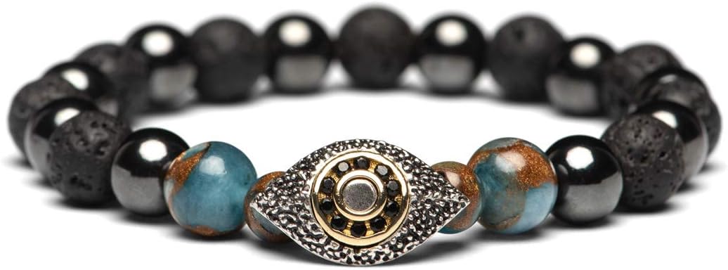 Karseer Vintage Silver and 18K Gold Plated Evil Eye Reiki Bracelet Magnetic Hematite Energy Bracelet Lava Rock Oil Diffuser Aromatherapy Bracelet for Men Women