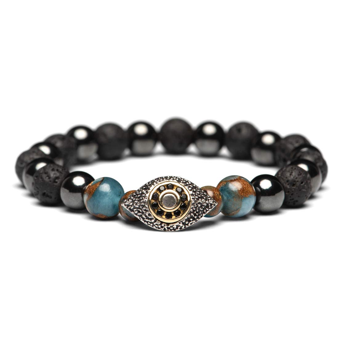 Karseer Vintage Silver and 18K Gold Plated Evil Eye Stress Relief Reiki Healing Bracelet Hemae Magnetic Energy Balance Anti Anxiety Calming Bracelet Lava Rock Oil Diffuser Aromatherapy Bracelet