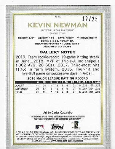 Kevin Newman Autographed Short Print Serial Numbered #12/25 Rookie Card - 2019 Topps Gallery Baseball Card #55 (Pittsburgh Pirates) Free Shipping