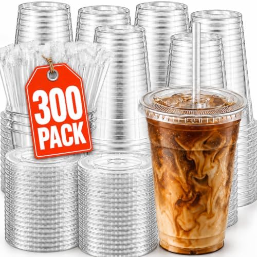 300 Pack 16 oz Clear Plastic Cups with Lids and Straws image 2