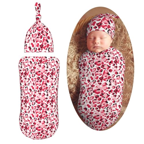 Image of Leopard Print Pink Newborn Swaddle Blankets Hat Sets Soft Baby Receiving Blanket Swaddle Sack for Baby Shower Infant Boy Girl Gift