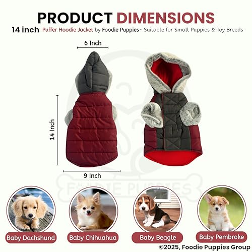 Image of Foodie Puppies Dog Puffer Hoodie Warm Winter Jacket - (Maroon Grey, 14 Inch) for Small Puppies | Ultra Warm Waterproof & Windproof Fur Coat | Washable Pet Vest Apparel for Cold Weather