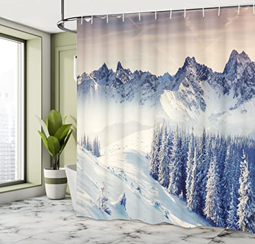 ABAKUHAUS Nature Shower Curtain, Snowy Winter Dramatic Overcast Sky Wonderland Snowfall Seasonal Panorama Print, Cloth Fabric Bathroom Decor Set with Hooks, 86 Inches Extra Long, Blue Grey White - Image 4