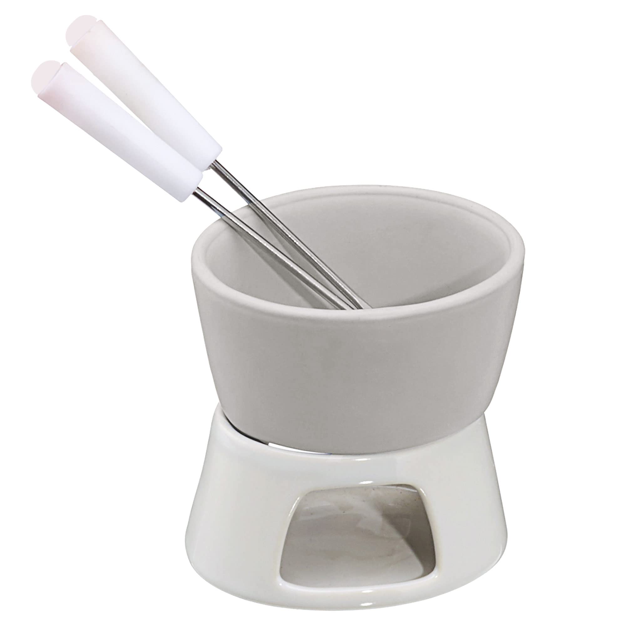 Cepewa 1 x ceramiczny zestaw do fondue czekoladowego fondue biały z 2 widelcami ze stali nierdzewnej (1 x zestaw czekoladowego fondue)