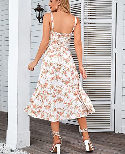 Floral Midi Corset Dress Boho Flowy Slit Lace Up Dresses for Women Going Out A Line Casual Sundress Rose