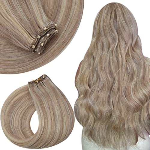 Ugeat Microring Weft Hair Extensions 22 Inch Micro Beaded Weft Human Hair Extensions #P18/613 Highlight Ash Blonde with Bleach Blonde Eze Weft Sew in Human Hair Extensions 50Grams