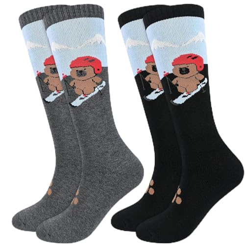 ouhos 2 Pairs Kids Boys Girls Thermal Ski Socks Long Knee High Thick Warm Winter Cosy Skiing Snowboarding Walking Sports Socks for Kids Girls Age 7-12