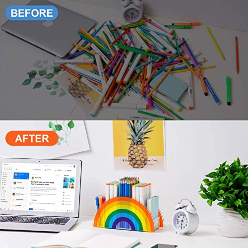 Vitviti Acrylic Pen Holder, Clear Desk Organizer, Pen Organizer For Desk, Cute 5 Compartments Pencil Holder, Desktop Stationery Organizer For Office Storage/School/Art Supplies/Home, Rainbow Colour #TOP6