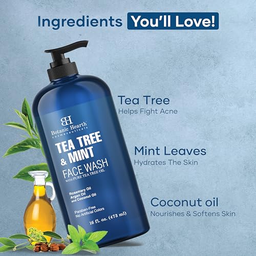 Botanic Hearth Tea Tree Face Wash with Mint - Acne Fighting, Premium, Hydrating Liquid Face Soap with Pure Tea Tree Oil - for Women and Men, Paraben Free, Fights Acne - 16 fl oz