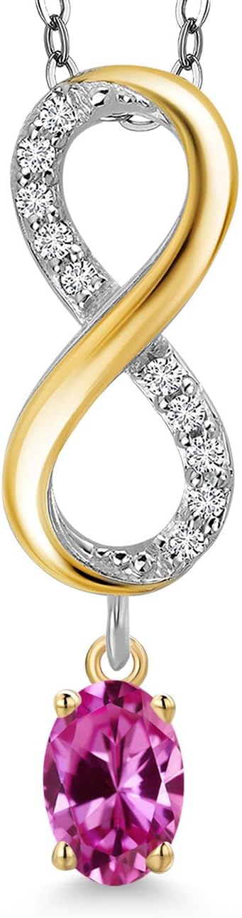 Gem Stone King 925 Silver and 10K Yellow Gold Pink Created Sapphire and Lab Grown Diamond Pendant Necklace for Women | 1.08 Cttw | Gemstone September Birthstone | Oval 6X4MM | With 18 Inch Chain