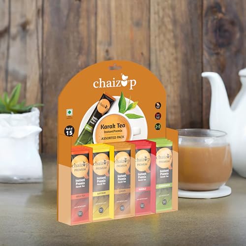 Image of Chaizup Premium 1 Min Instant Tea Premix - India's 1st Hanging Pack (15 Sachets, 5 Flavors) | Milk Tea, Saffron, Ginger, Masala, Cardamom | 15 Servings