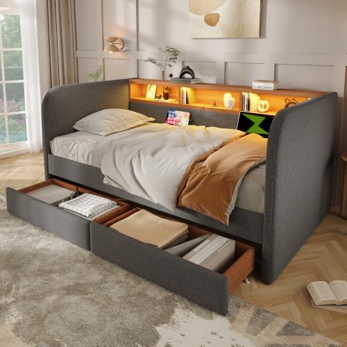 Image of BTM Upholstered Daybed with Headboard Storage, 90x190 cm Single Sofa Bed with LED and USB Type-C Reading Light, 3FT Daybed with 2 Drawers, Linen, Grey (No Mattress)